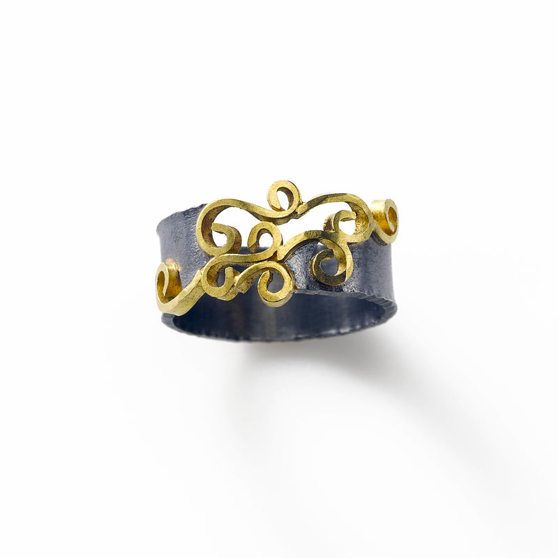 18K Gold and Blackened Silver Wide Ring