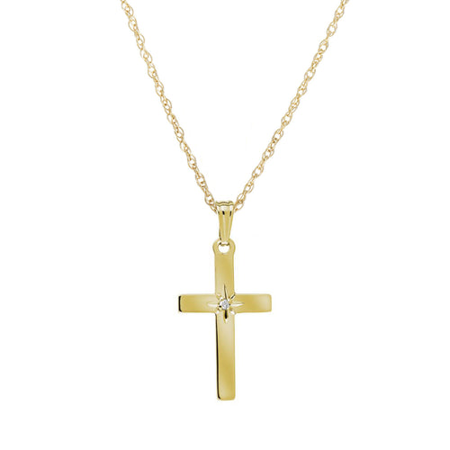 Classic Cross with Diamond, 1 Inch, 14K Yellow Gold