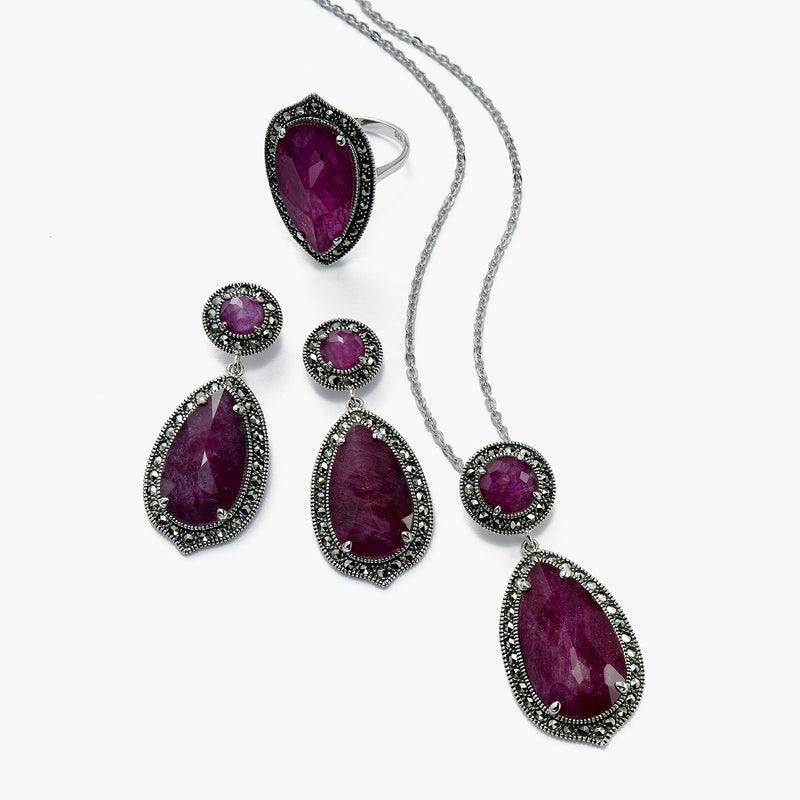 Swarovski Marcasite Earrings with Ruby Slices, Sterling Silver