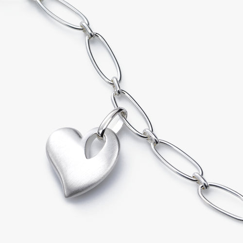 Satin Finish Heart Charm Bracelet, Sterling Silver, 7.75 Inches Long