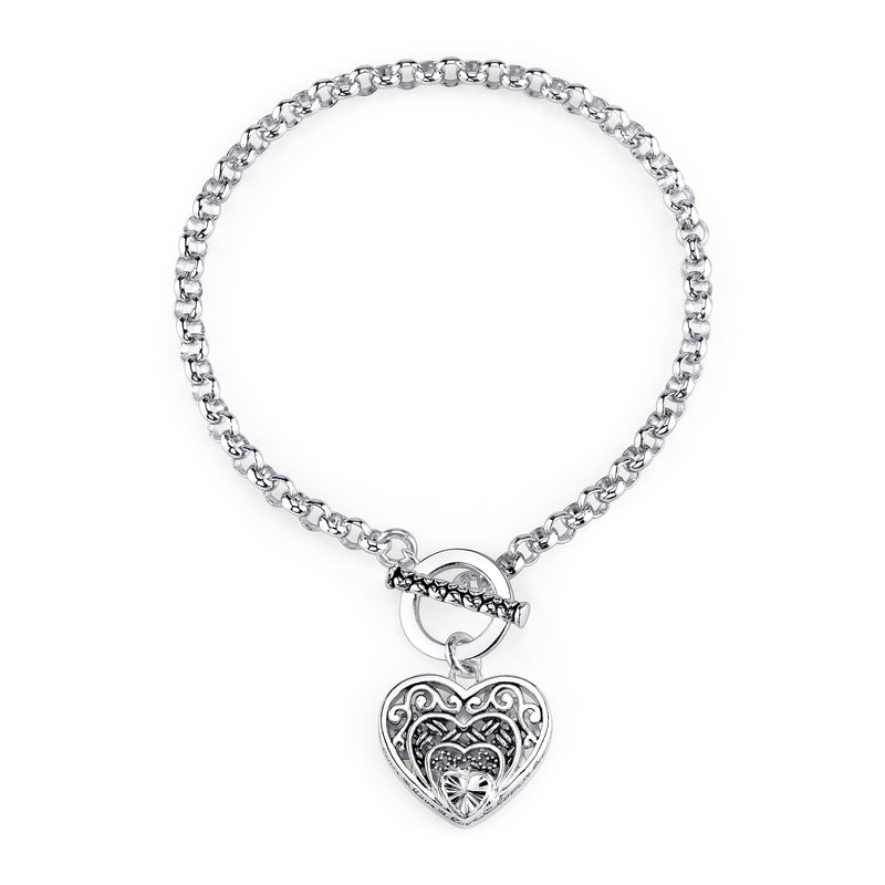 Textured Heart Charm Bracelet, Sterling Silver