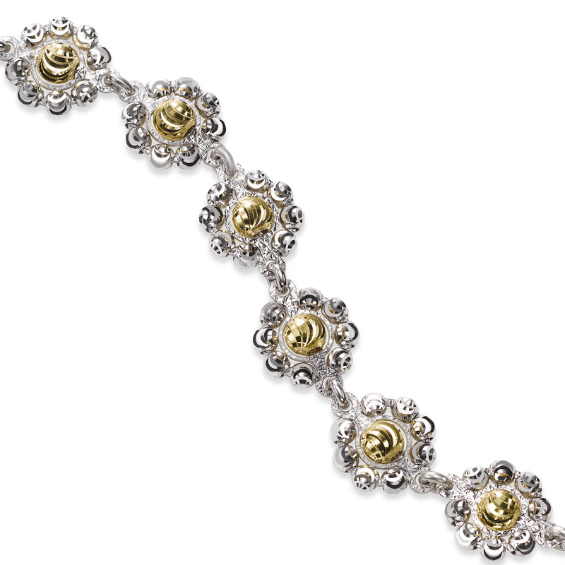Two Tone Daisy Bracelet, Sterling Silver wiht 18K Yellow Gold Plating