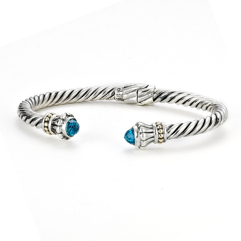 Rope Design Cuff with Blue Topaz Ends, Sterling Silver
