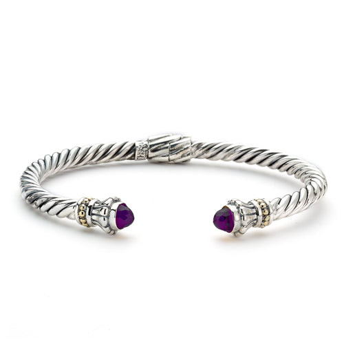 Rope Design Cuff with Amethyst Ends, Sterling Silver