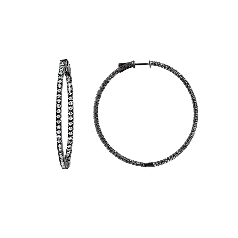 CZ Single Row Inside Out Hoop Earrings, 2 Inches, Sterling Silver with Black Rhodium