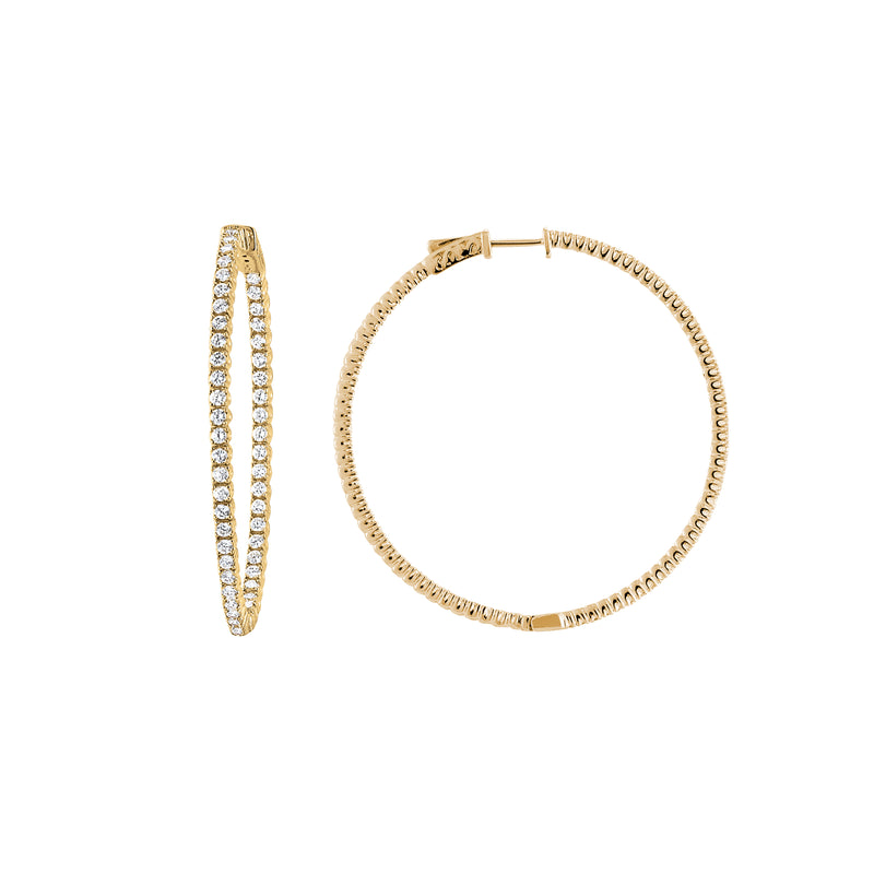 CZ Single Row Inside Out Hoop Earrings, 2 Inches, Yellow Gold Plating