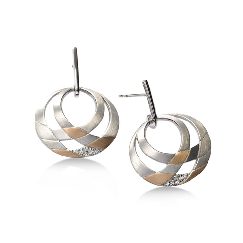 Two Tone Open Design Earrings, Sterling Silver with Rose Gold Plating