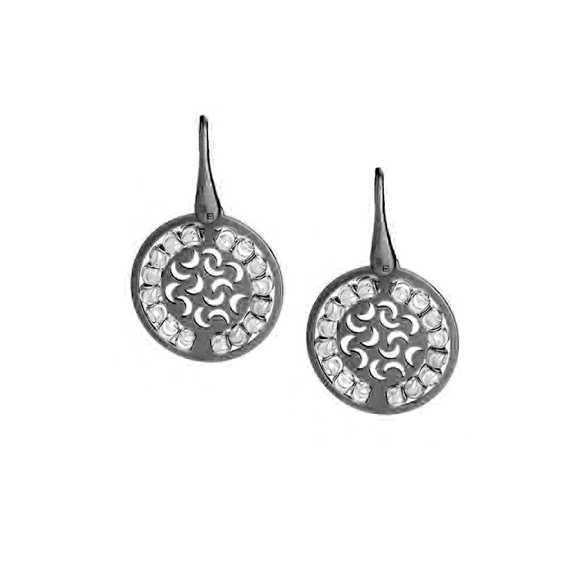 Two Tone Round Disc Dangle Earrings, Sterling with Blackened Rhodium Plating