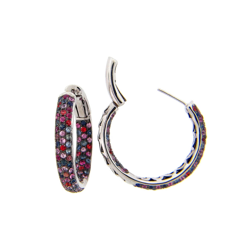 Multi Color Pavé Sapphire Hoop Earrings, Sterling Silver