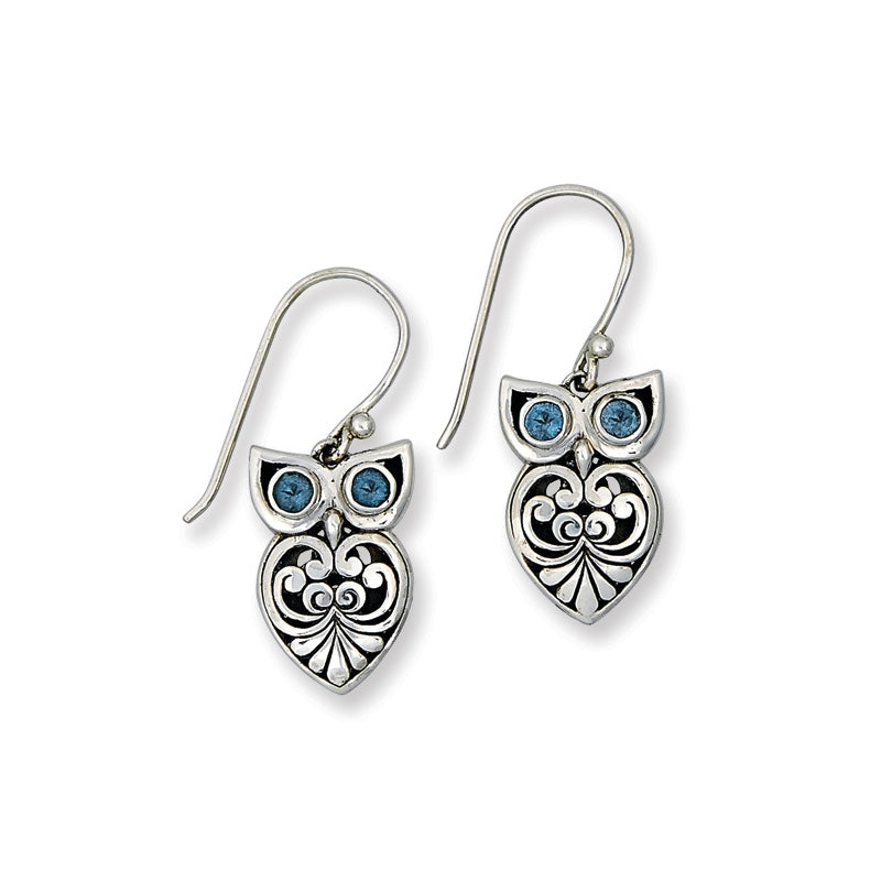 Owl Design Drop Earrings with Blue Topaz, Sterling Silver