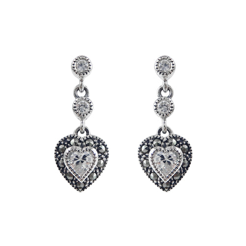 White CZ and Marcasite Heart Dangle Earrings, Sterling Silver