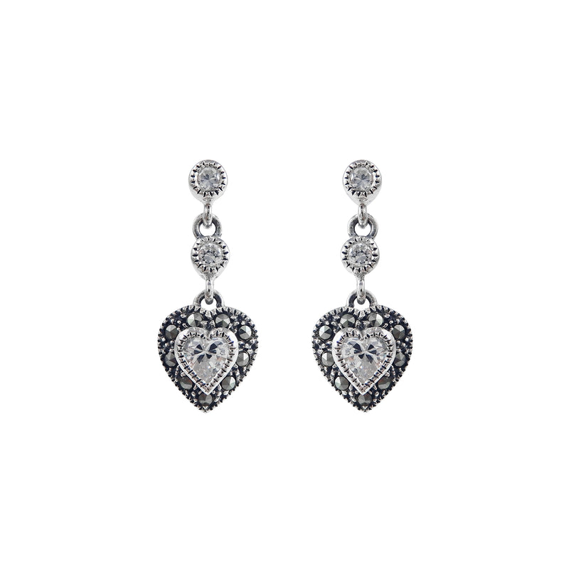 White CZ and Marcasite Heart Dangle Earrings, Sterling Silver