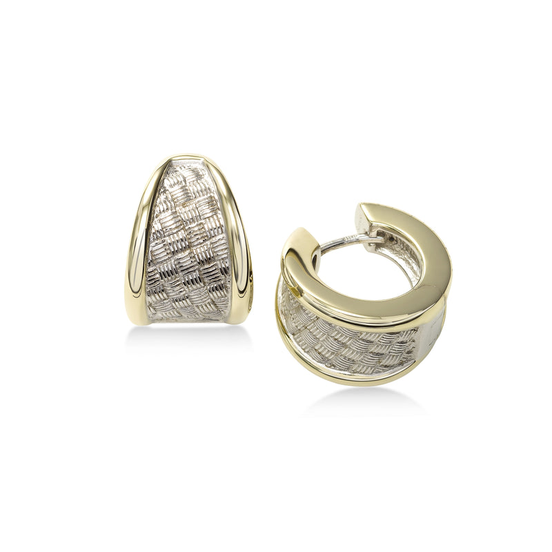 Weave Design Huggie Hoop Earrings, Sterling Silver with Yellow Gold Plating