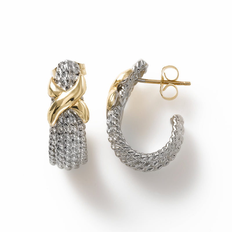 Rope Texture 'J' Hoop, Sterling Silver, and 14K Yellow Gold