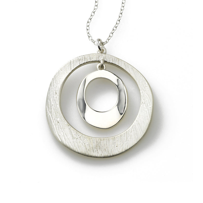 Brushed and Shiny Double Circle Pendant, Sterling Silver