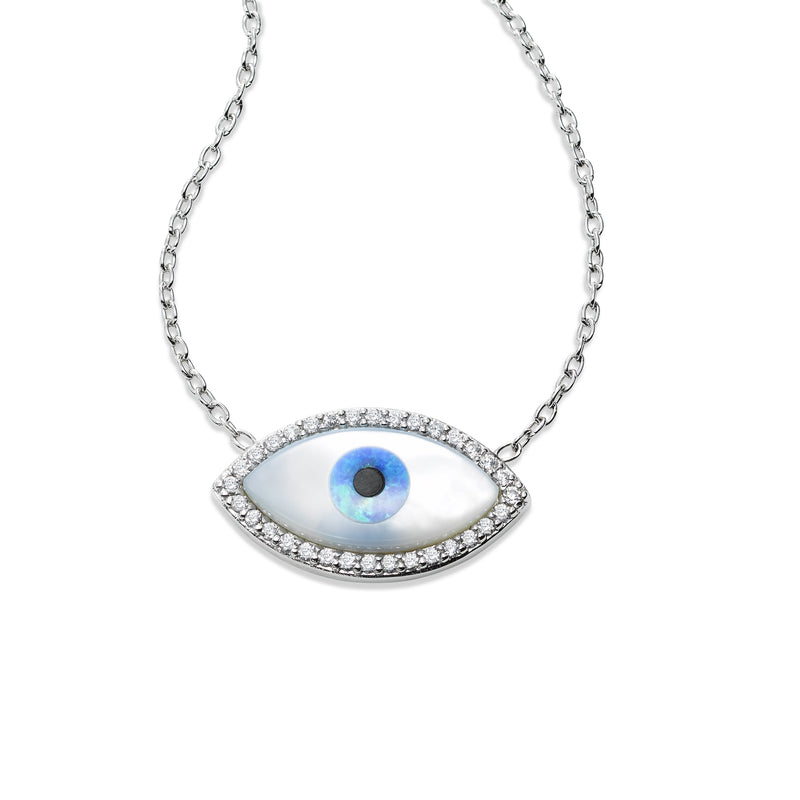Mother of Pearl and CZ Evil Eye Necklace, Sterling Silver