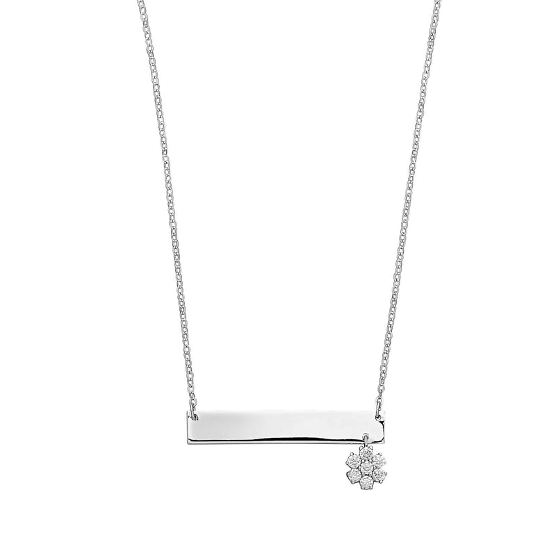 Engravable Bar with Dangling Flower Necklace, Sterling Silver
