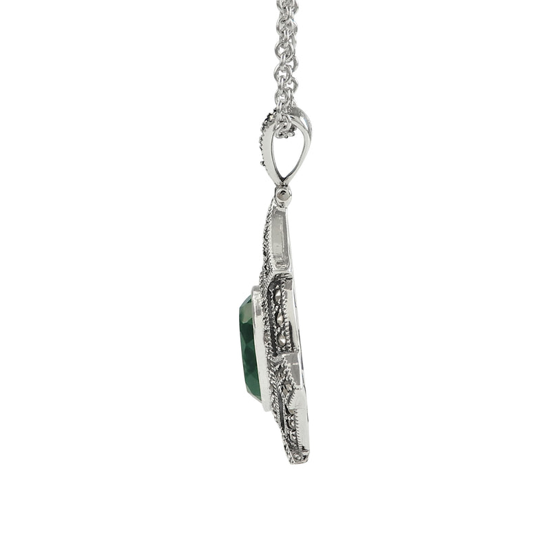 Green Agate and Marcasite Pendant, Sterling Silver