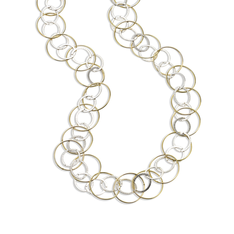 Two Tone Interlocking Circles Necklace, 28 Inches, Sterling Silver with Yellow Gold Plating