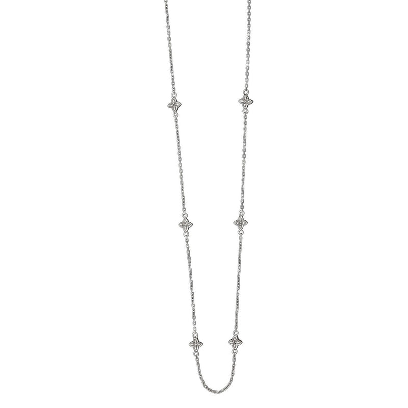 Flower Design Station Necklace wtih Diamond Accents, 36  Inches, Sterling Silver