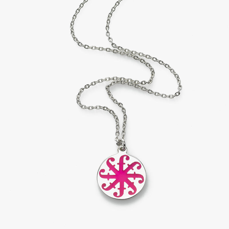 Pink Enamel Friendship is Forever Disc Pendant, 18 inch, Sterling Silver