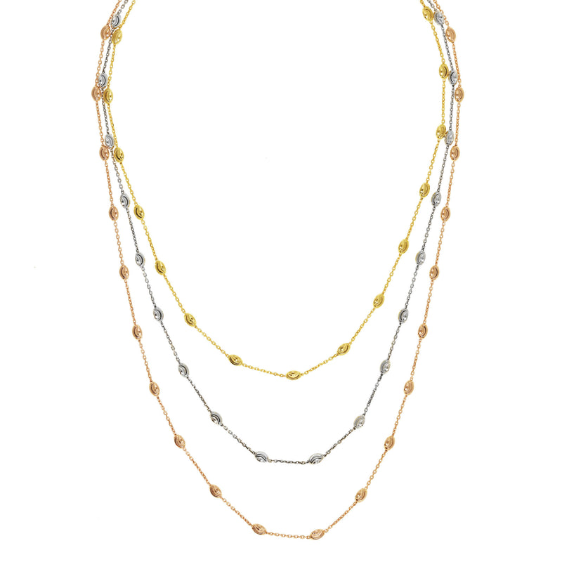 Tricolor Three Strand Station Necklace, Sterling Silver
