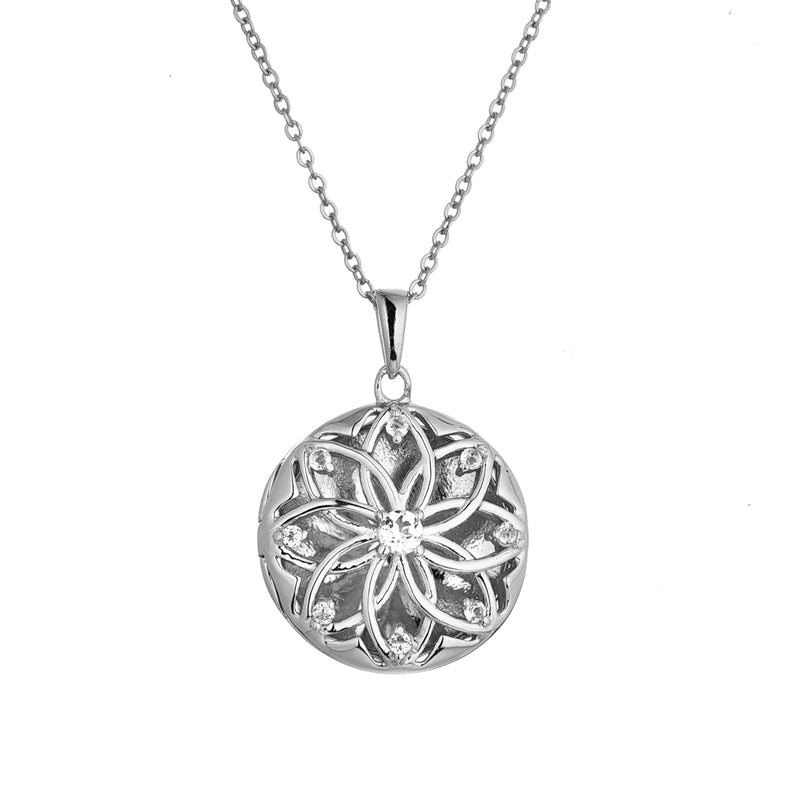 Floral Inspired Locket with White Topaz, Sterling Silver