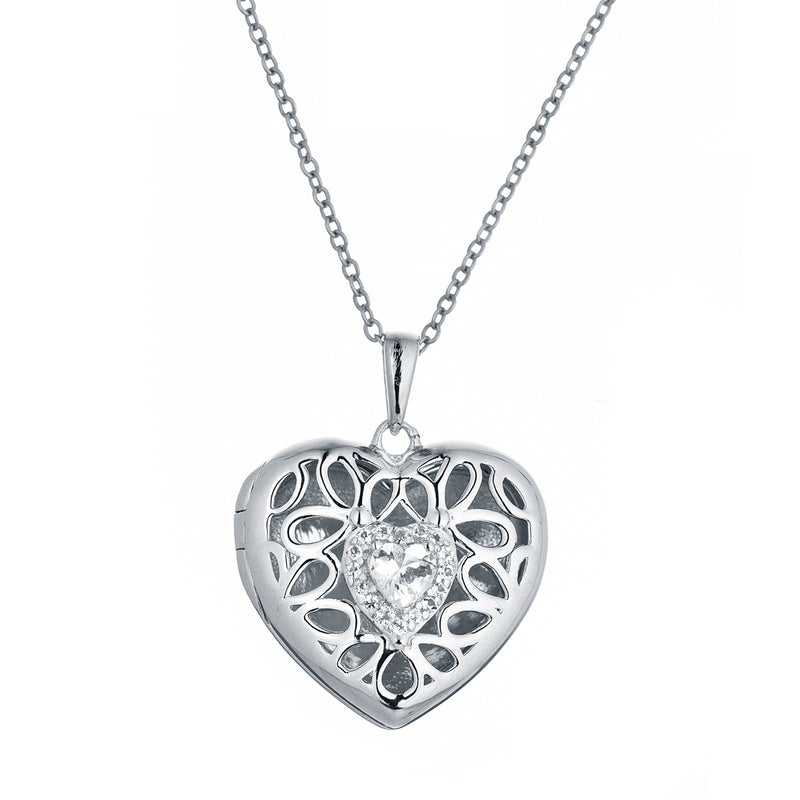 Heart Locket with White Topaz, Sterling Silver