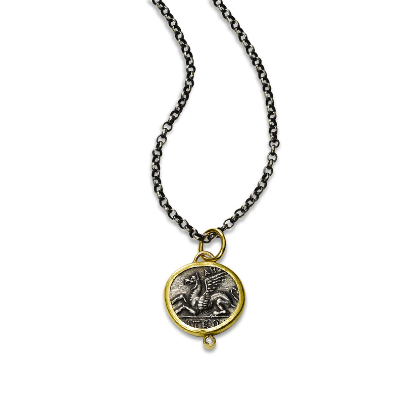 Flying Dragon Coin Pendant, Sterling Silver and 24K Yellow Gold