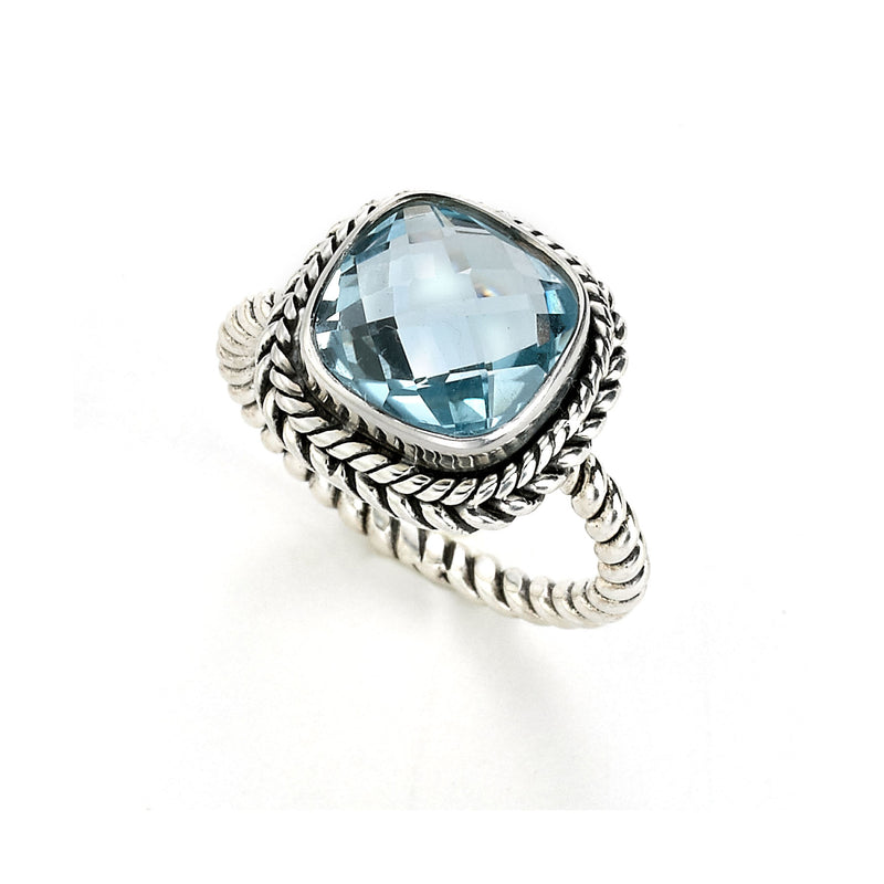 Rope Design Cushion Cut Blue Topaz Ring, Sterling Silver