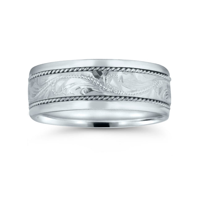 Hand Engraved Wedding Band, 8 MM, Argentium Sterling Silver