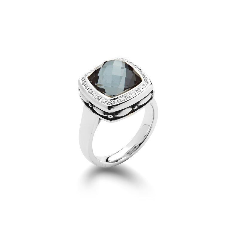 Hematite and White Quartz Ring with Diamonds, Sterling Silver