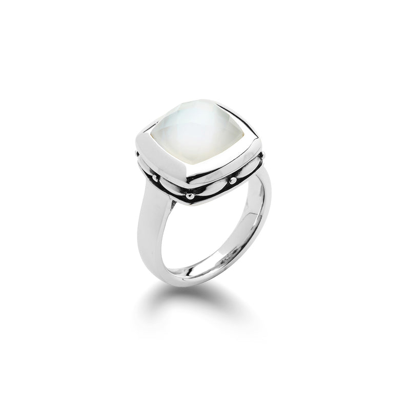 Mother of Pearl and White Quartz Ring, Sterling Silver