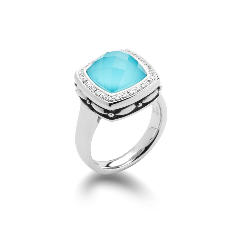 Turquoise and White Quartz Ring with Diamonds, Sterling Silver