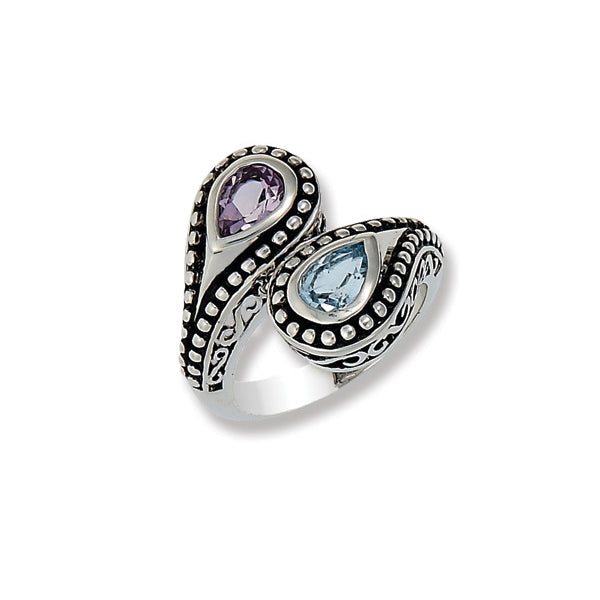 Amethyst and Blue Topaz Bypass Ring, Sterling Silver
